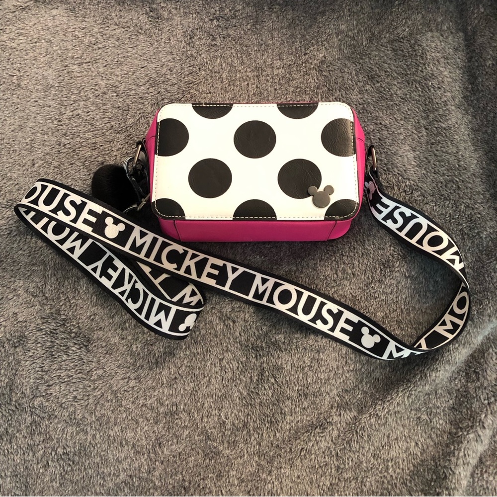 Disney Mickey Mouse Pink Black and White Polka Dot Adjustable Crossbody Bag